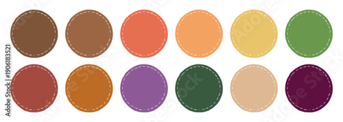 Warm Autumn color palette featuring 12 circular swatches. Cozy terracotta, burnt orange, forest green, and mustard yellow with dashed borders for seasonal branding and rustic web design.