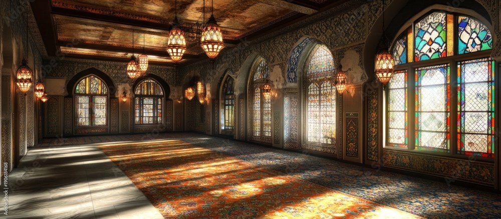 Fototapeta premium Mosque prayer hall with stained glass windows
