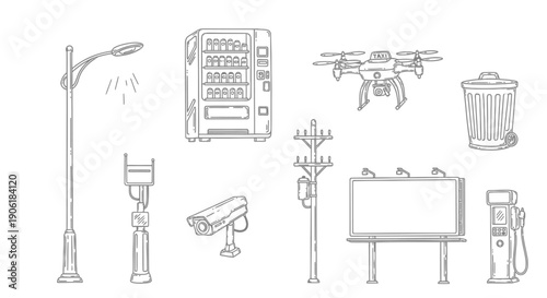 Line art illustration of various urban infrastructure elements including street lights, a vending machine, a drone, a trash can, a security camera, a utility pole, a billboard, and a gas pump.