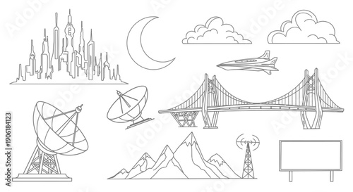 Line art collection of various modern and natural elements including cityscapes, technology, landscapes, and celestial objects.