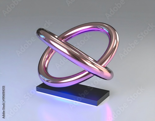 Shiny, looping, metallic sculpture atop a rectangular black base, on a gradient background