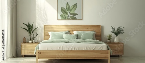 Modern Bedroom with Light Wood Bed and Sage Green Accents