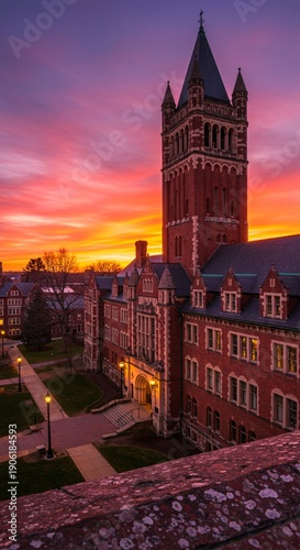 Dramatic Sunset Over Historic Buildings at Yale University Campus New Haven Connecticut