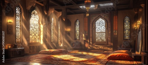 Sunlit Arabian palace interior, ornate windows