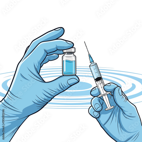 Hands in blue gloves holding vaccine bottle and syringe for medical treatment