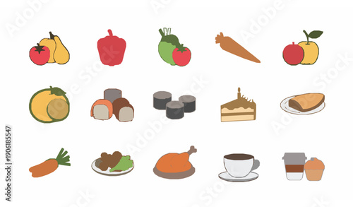 Food linear icons set with fruits vegetables meals and desserts flat vector