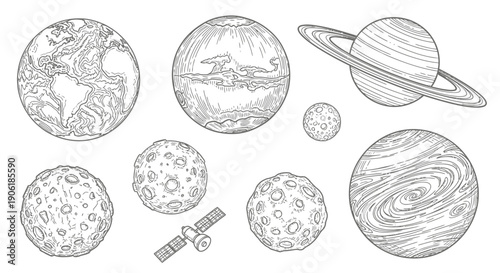 Hand-drawn outline illustration of various celestial bodies including Earth, Saturn, Jupiter, rocky planets, moons, and a satellite.
