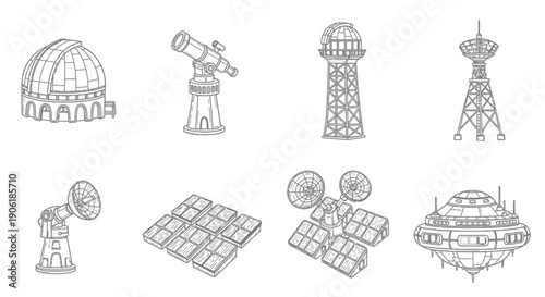 Line art illustrations of various scientific and technological structures including observatories, telescopes, communication towers, solar panels, and futuristic stations.
