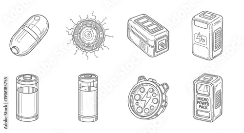 A collection of eight distinct line art illustrations depicting various futuristic technological components, power packs, and energy cells in a clean, schematic style.