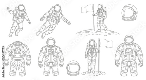 Detailed line art illustrations of astronauts in various poses, including floating, standing on the moon with a flag, and full-body views, alongside separate helmets.