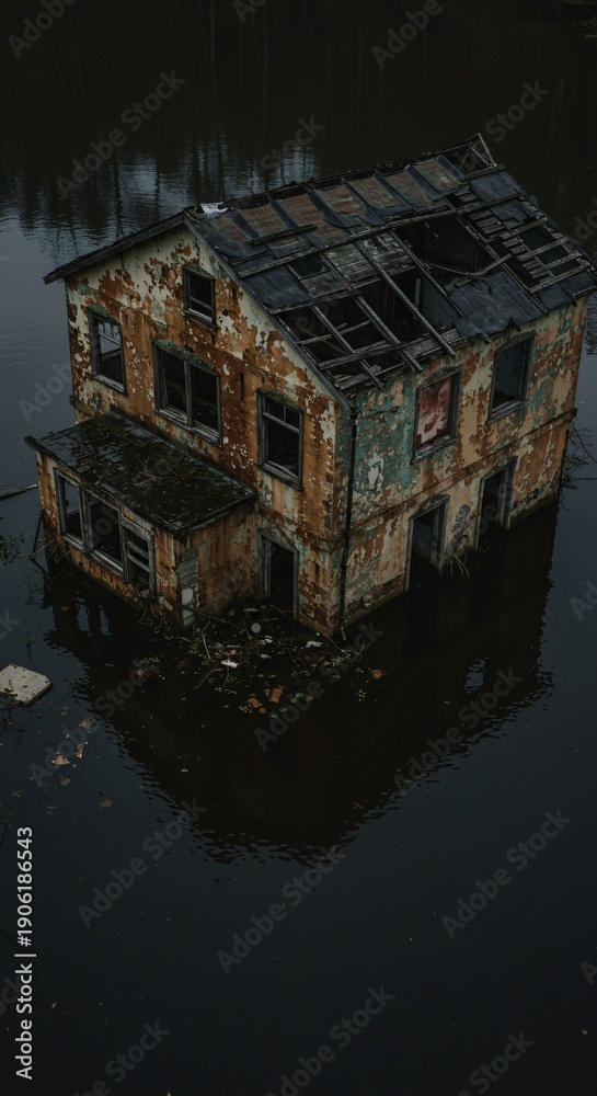 Obraz premium Abandoned Derelict House Submerged in Dark Water Moody Atmospheric Decay Photography