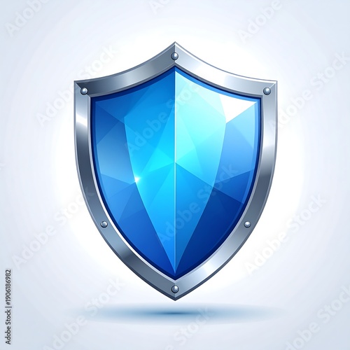 Shiny, metallic-rimmed shield with faceted, light-catching blue center, over a light gradient