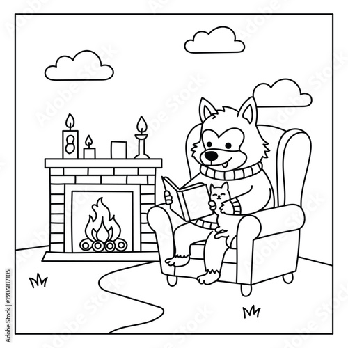 Cute werewolf character reading a book with a cat by a cozy fireplace, Halloween coloring page.