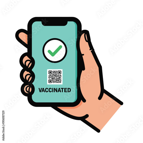 Hand holding smartphone with vaccinated QR code on screen