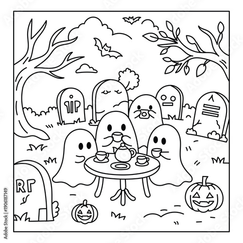 Cute little ghosts having a tea party in a graveyard with pumpkins, Halloween coloring page.