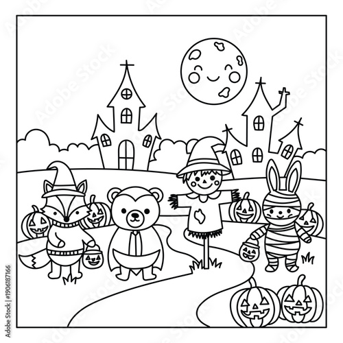 Cute fox, bear, and bunny in Halloween costumes trick or treating in front of haunted houses, coloring page.