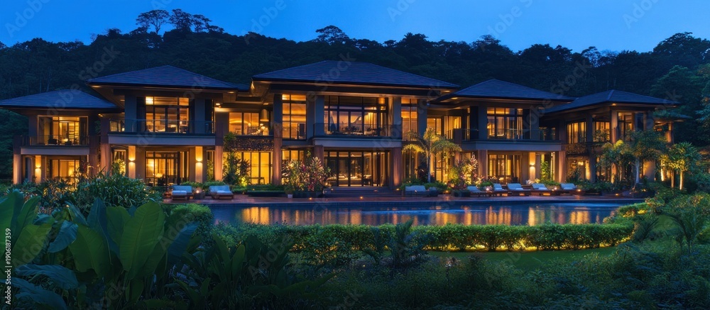 Obraz premium Luxurious Estate Home at Dusk with Pool and Lush Landscaping