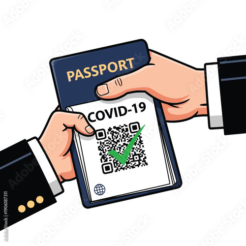 Hands exchanging COVID-19 passport with QR code for travel verification