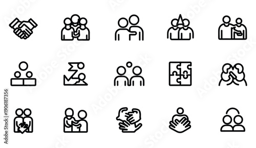 Community and teamwork line icons showing people relationship support and unity cooperation