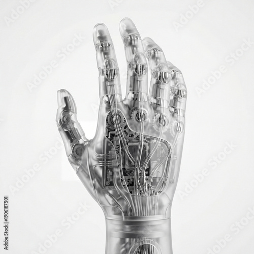 A transparent robotic hand showcases its intricate internal circuitry and mechanical components on a white background.
