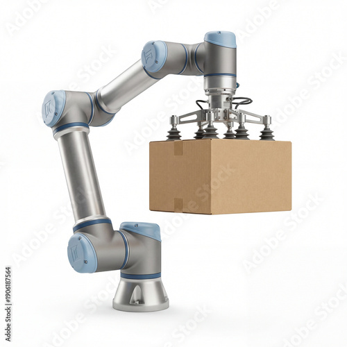 A sophisticated industrial robotic arm uses suction cups to precisely lift a brown cardboard box on a white background.