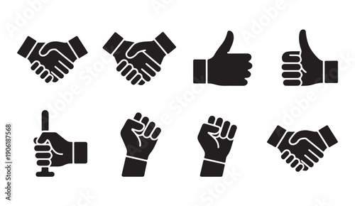 Set of black hand gesture icons, representing support, agreement, and community spirit