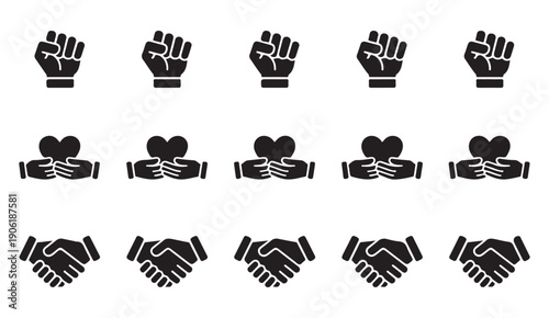 Rows of black hand gesture icons, representing solidarity, compassion, and agreement