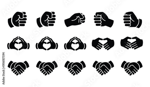 Rows of black hand gesture icons, representing unity, heart, and agreement concepts