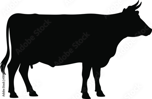 Black cow silhouette vector illustration, isolated farm animal profile, livestock outline graphic, rural agriculture concept, dairy cattle symbol design, simple editable icon