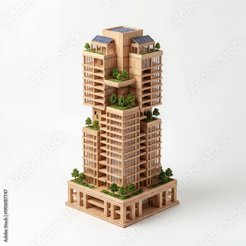 A detailed architectural model of a modern, multi-story wooden skyscraper with green spaces and solar panels on a white background.