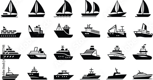 Boat and ship silhouette vector set, sailing yachts cargo vessels cruise ships icons collection, maritime transportation design isolated on white