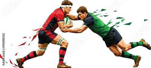 Low poly rugby players vector illustration, dynamic sport action, red and green jerseys tackling, competitive athletic motion on white.