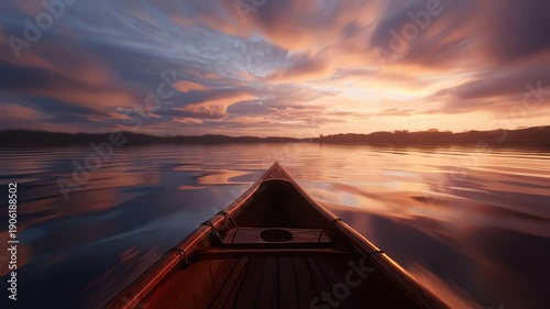 Kayak on calm water at sunset.