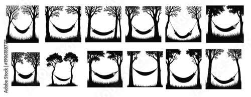 Black silhouette hammocks hanging between trees black and white