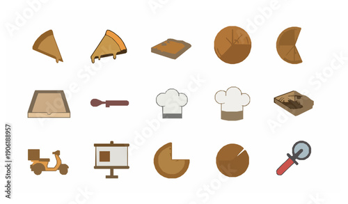 Pizza icons pack with slice and fast food symbols in modern flat vector style for web and app UI isolated on white background