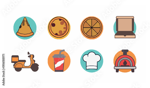 Cute rounded pizza icon set with food and delivery symbols for kids apps and restaurant branding isolated on white background