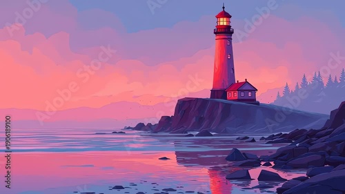 Lighthouse on rocky coastline at sunset.