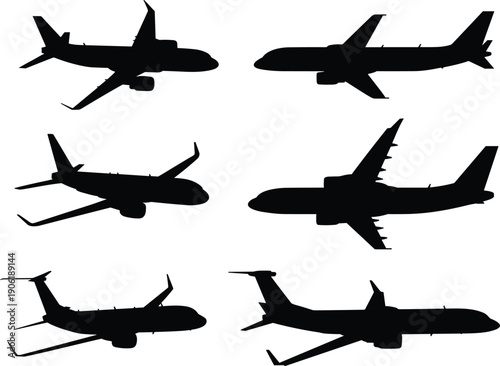 Collection of airplane silhouettes side view vector illustration, different commercial passenger aircraft icons, aviation transport design isolated on white background