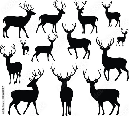 Deer silhouettes collection with antlers, stag and buck wildlife animals in multiple poses, black isolated vector illustration set, nature design