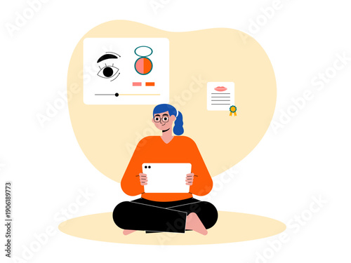A woman is sitting while holding a tablet and following online learning activities or a make-up class course. Course illustrations. Flat vector illustration concepts.