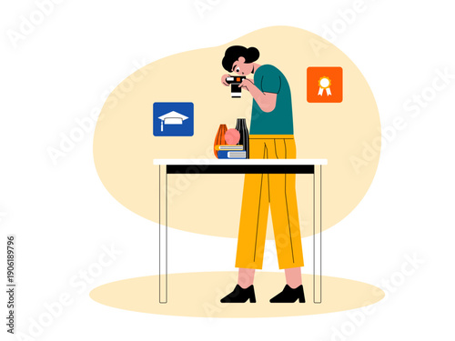 Female photographer taking an online photography course. Course illustrations. Flat vector illustration concepts.