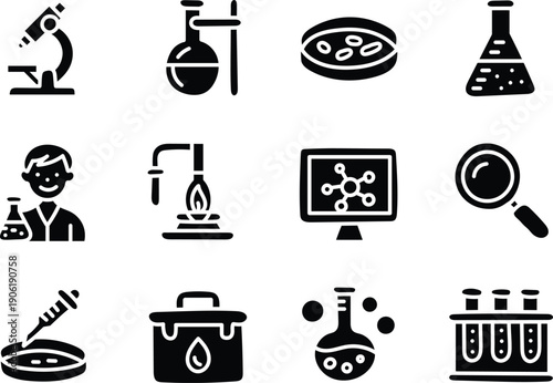 Black science laboratory icons set featuring microscope, flask, test tubes, petri dish, atom model, researcher, and chemistry equipment for research, education, experiment, and innovation concepts