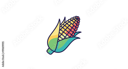 Vibrant and colorful cartoon illustration of a fresh ear of corn with husk, perfect for healthy