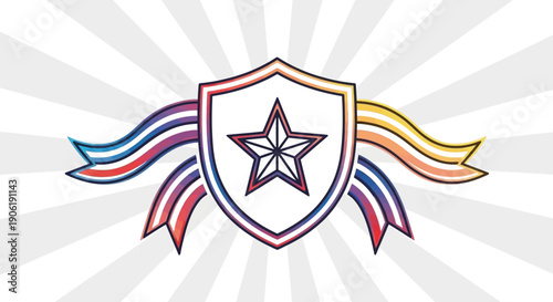 Vibrant Shield with Star and Gradient Ribbons on Sunburst Background Vector Illustration Art
