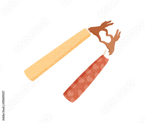 Colorful hands forming a heart symbol in abstract art style. Gestures of love and hope express solidarity and friendship. A creative depiction of support human connection in flat colorful design.