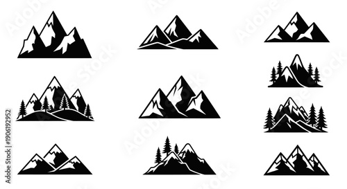 Geometric Mountain Ridge Silhouette with Forest and Pine Tree Details