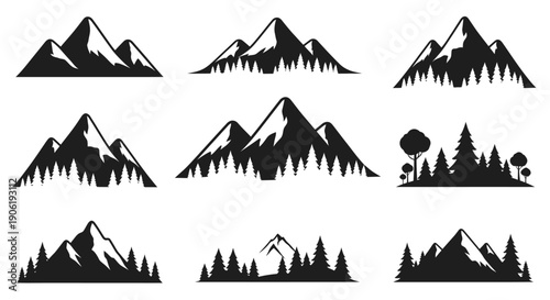 Mountain and Forest Silhouette Landscape with Dense Pine Tree Elements