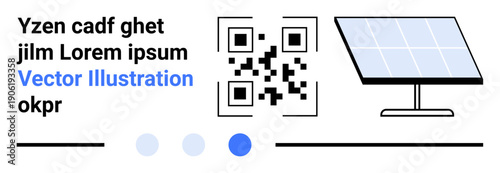 QR code beside a modern solar panel symbolizing renewable energy, two progress dots, and placeholder text. Ideal for technology, green energy, innovation, education, connectivity, environment simple