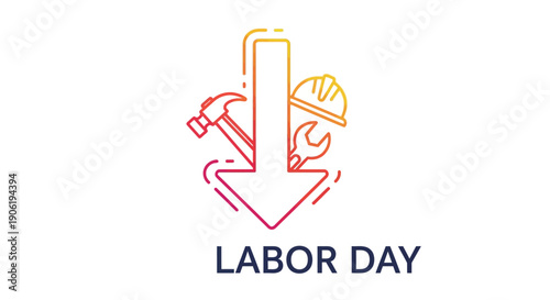 Labor Day Celebration with Essential Worker Tools and Downward Gradient Arrow Icon Symbolizing