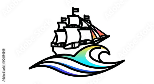 Colorful stylized tall ship sailing on a vibrant wave artistic illustration perfect for nautical